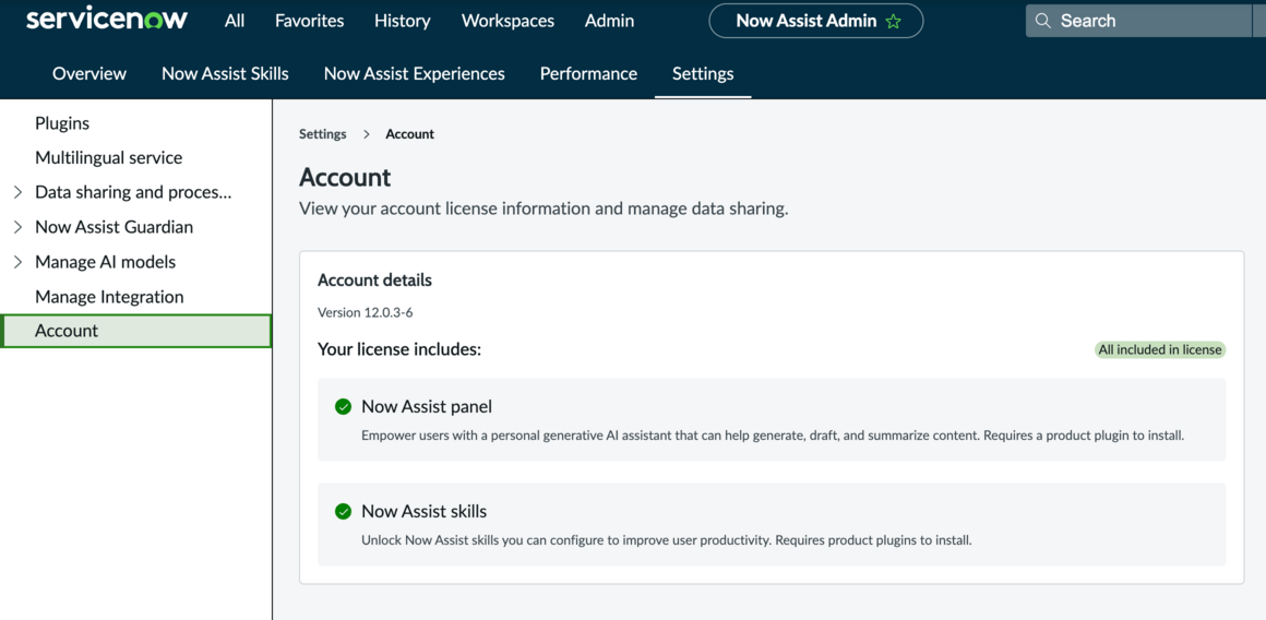 Page Settings (Paramètres) de l’onglet Account (Compte) avec les détails de la licence qui indiquent le panneau et Now Assist les Now Assist compétences inclus dans la licence et que le partage de données est actuellement activé.