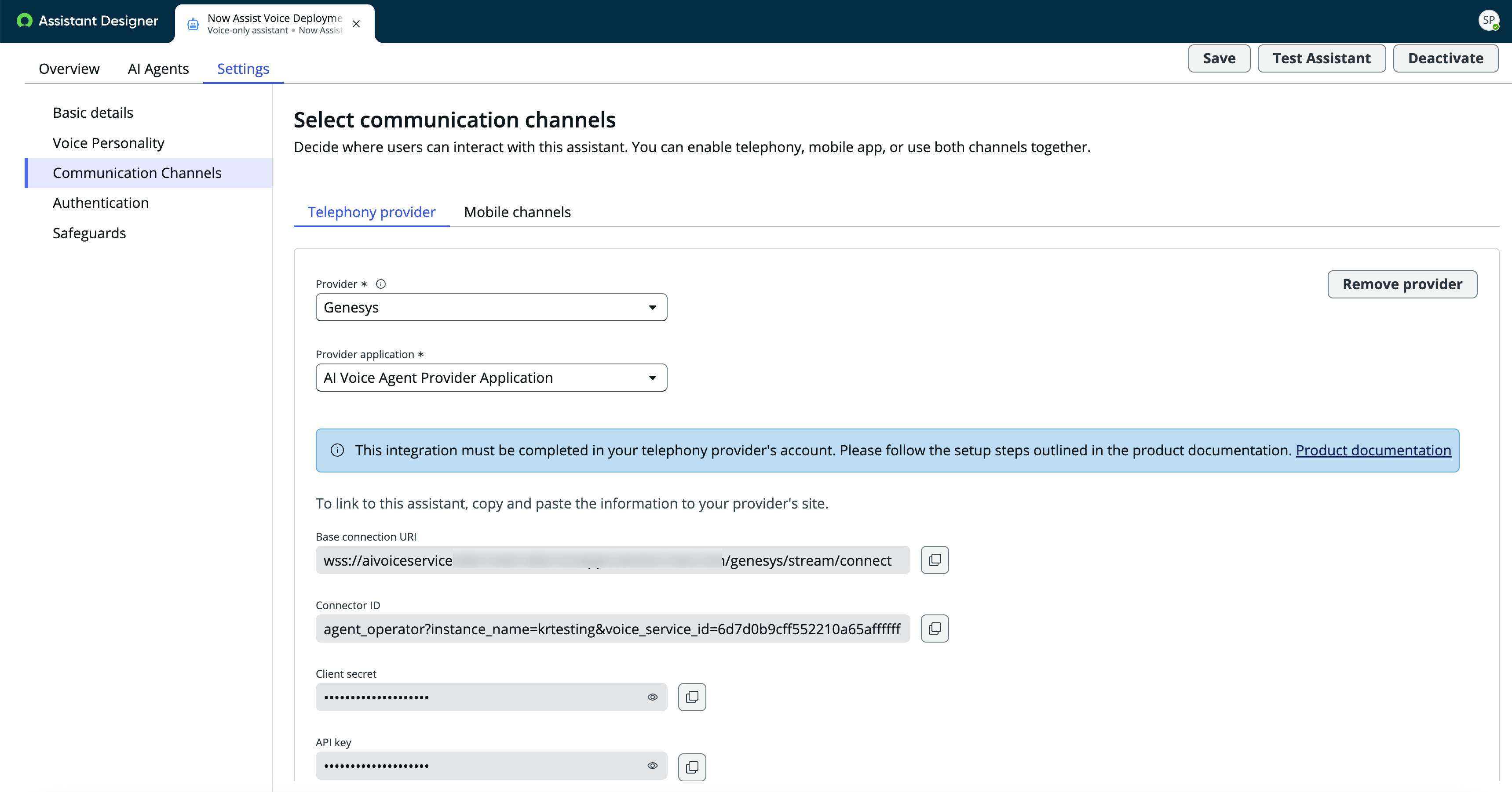 Configuration de l’intégration du service Genesys Cloud.