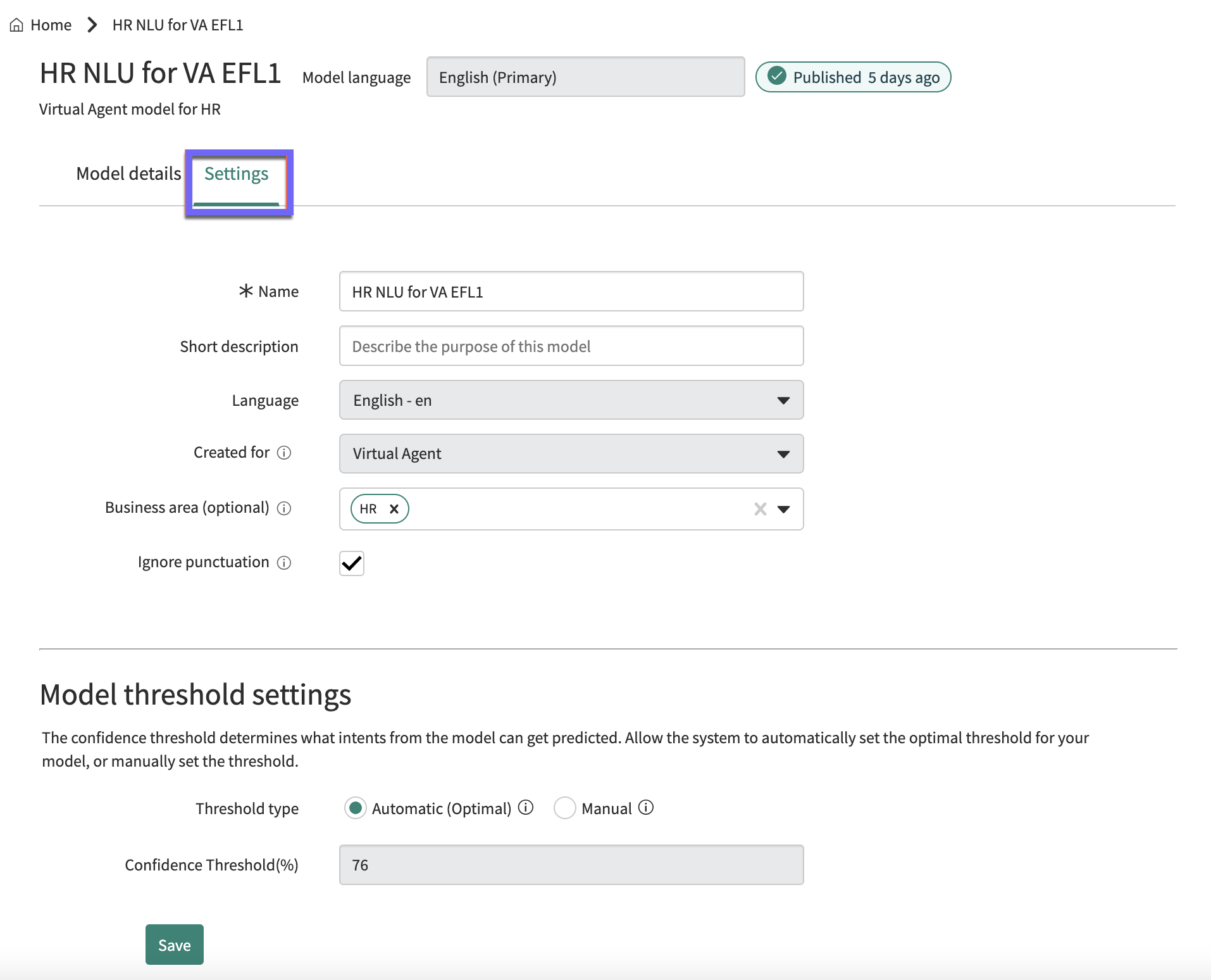 Model settings on the model's overview page