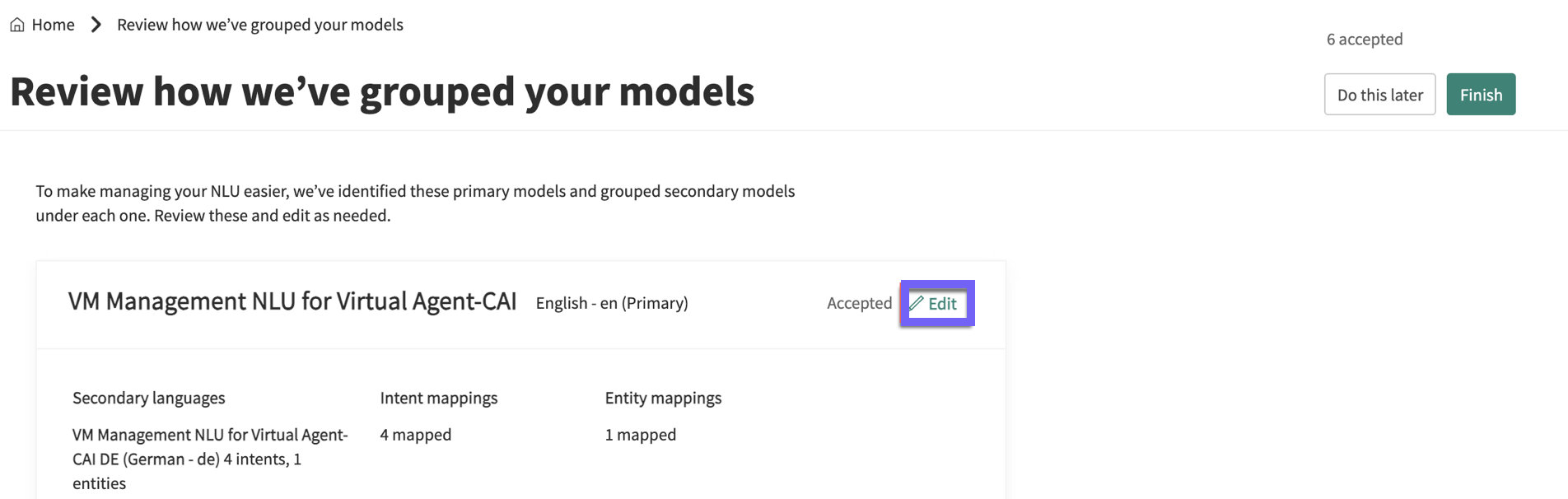 On the page titled Review how we've grouped your models, the Edit button is highlighted.