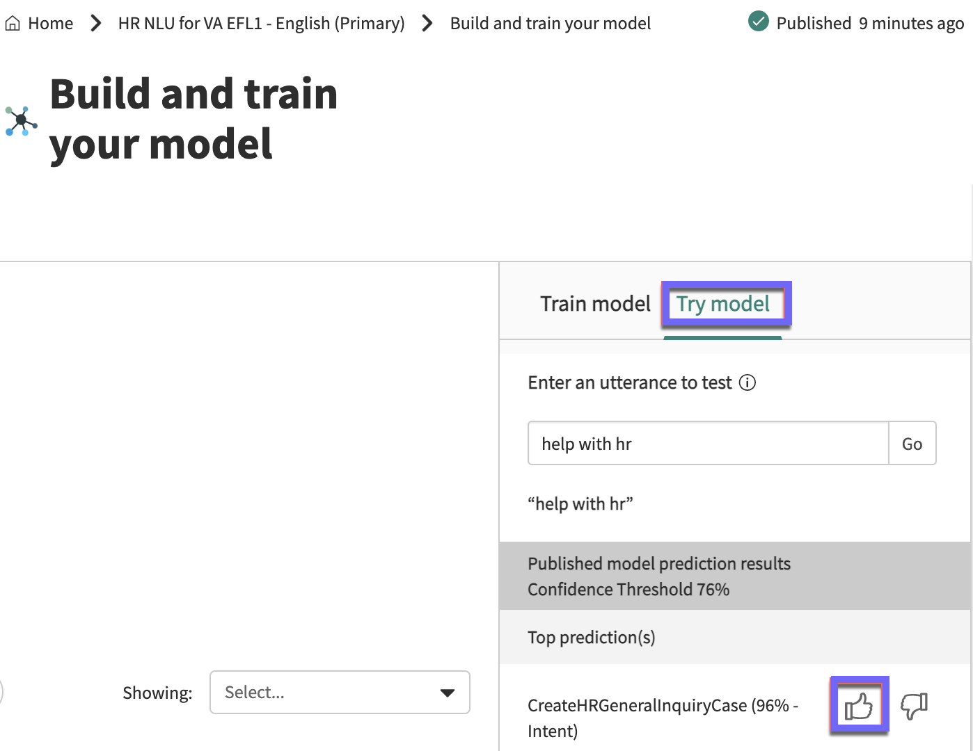 How to use the Try model panel to test for the top intent prediction results