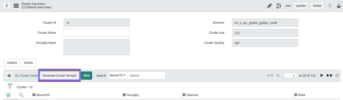 Cluster Summary page with the Generate Cluster Sample button.