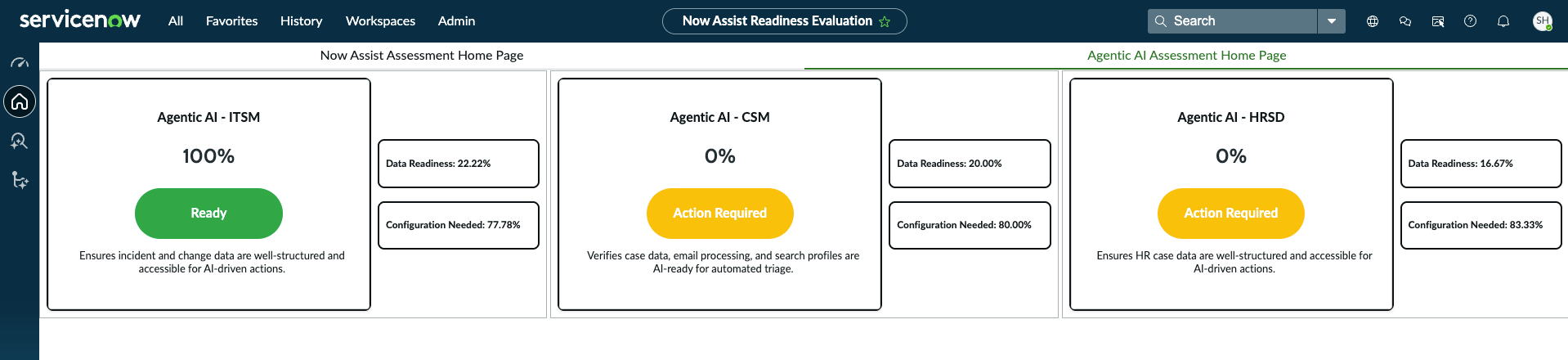 Agentic AI Assessment Home Page showing green Go buttons for agentic AI in ITSM and CSM.