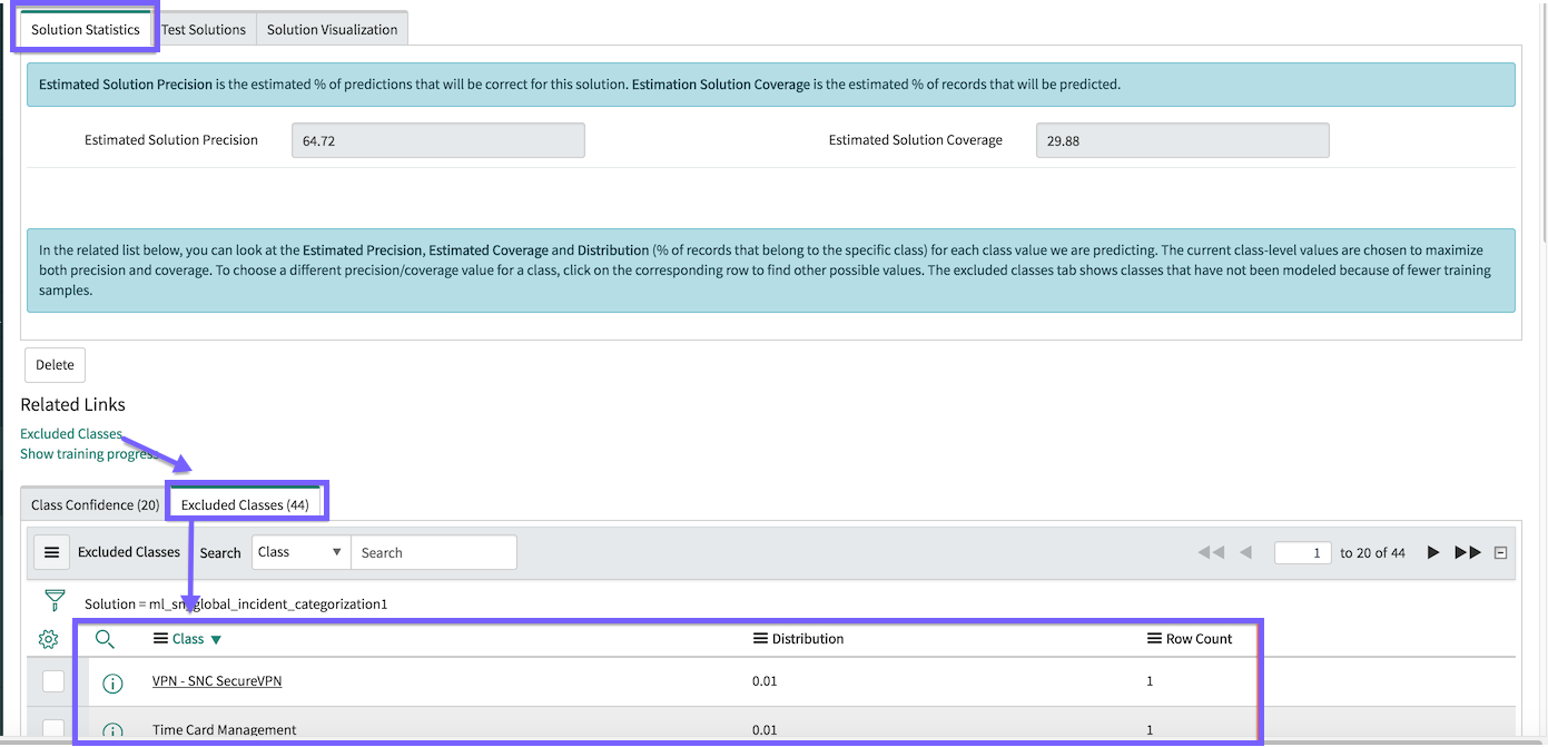 Any classes that were excluded from your solution training are listed in the Solution Statistics section of your trained solution's ML Solution form.