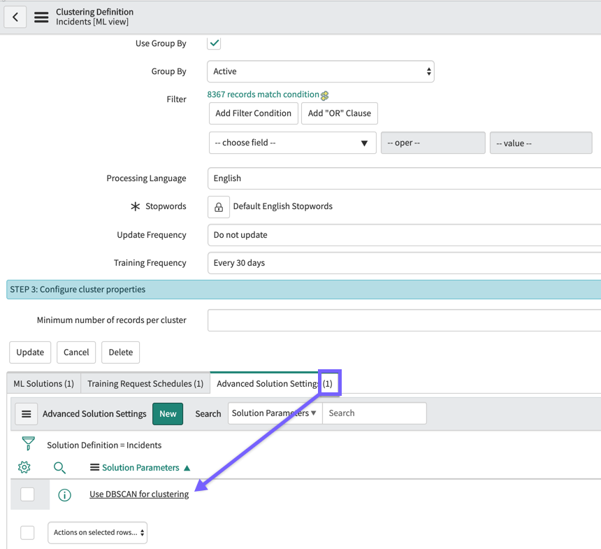When you submit the record you created, the DBSCAN solution parameter appears on your clustering solution definition form.