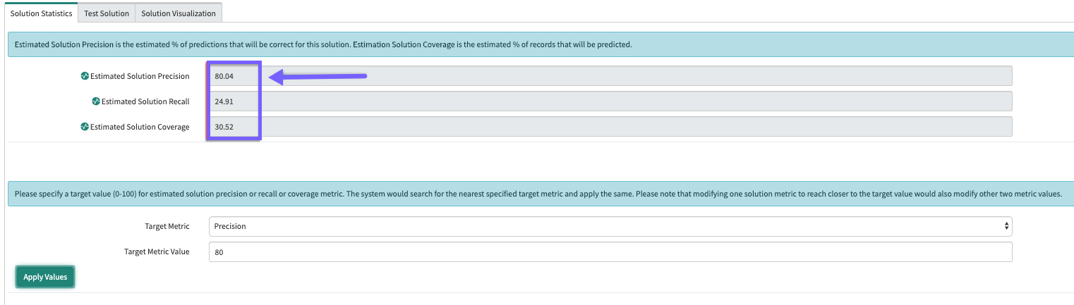 This image shows you the estimated precision, recall, and coverage values the system assigned to the solution based on your Precision input value of 80%.