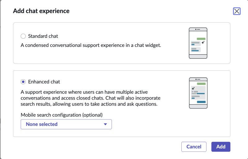 Sélection de l’option de messagerie instantanée améliorée lors de la configuration de l’expérience d’affichage pour un appareil mobile.