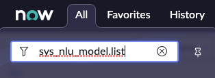 System navigator with sys_nlu_model.list entered.