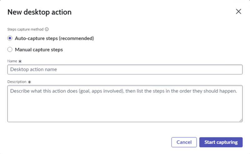 New desktop action window with auto-capture option selected and fields to enter name and description for the desktop action.