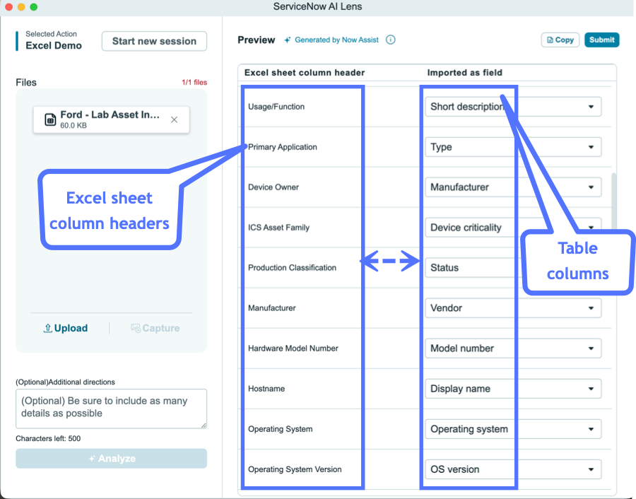 Filtrer Excel et mappage de colonnes de table.