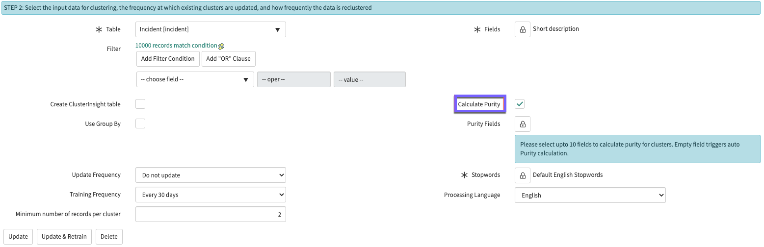 The solution definition form for Clustering solutions, with the Calculate Purity check box highlighted and selected.