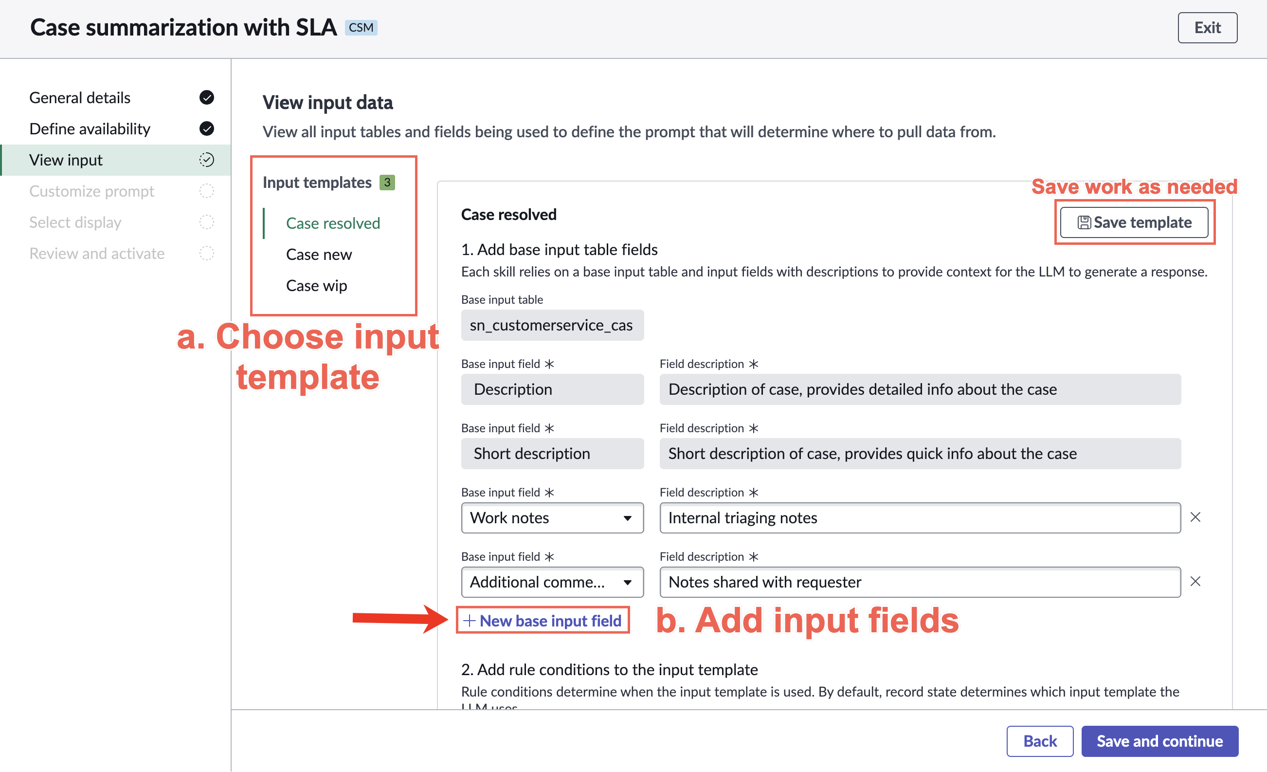 Choisissez un modèle d’entrée, ajoutez les champs d’entrée de la table de base et utilisez le bouton Enregistrer le modèle pour enregistrer votre travail.