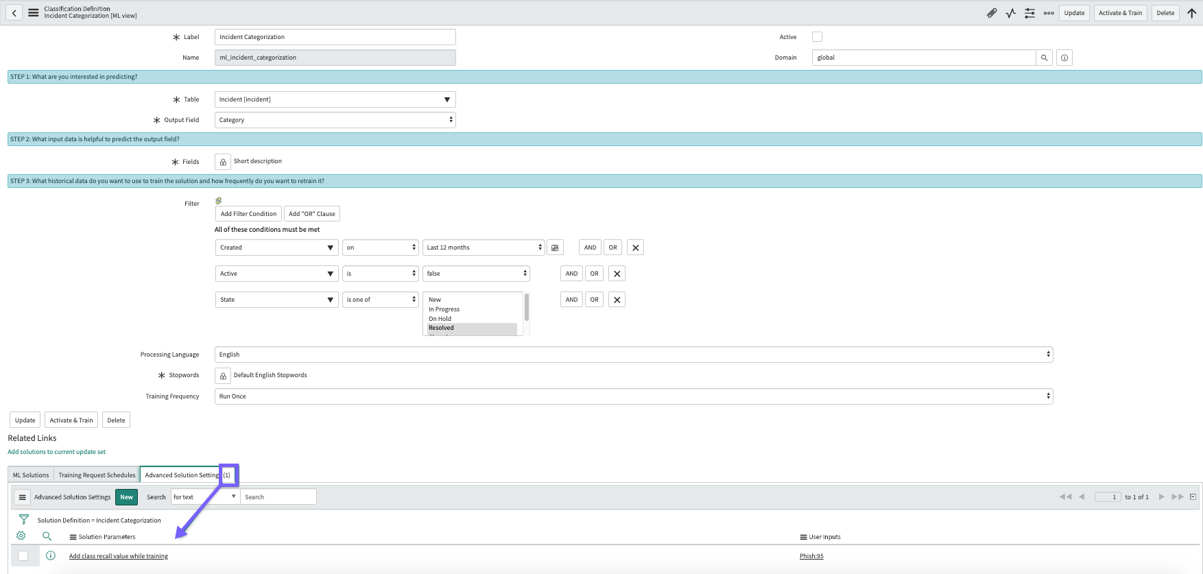 When you submit the record you created, the solution parameter for class recall appears on your solution definition form.