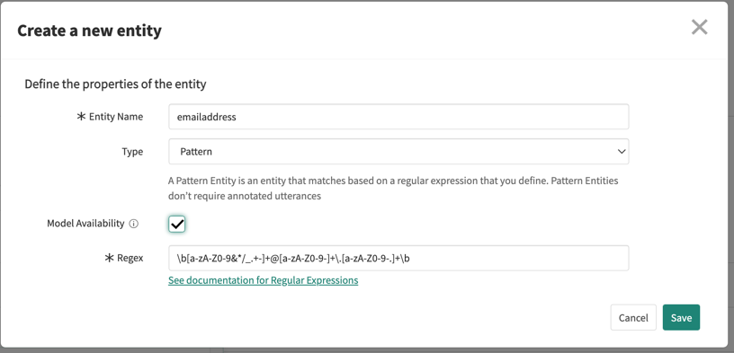 Create a pattern entity for email addresses.