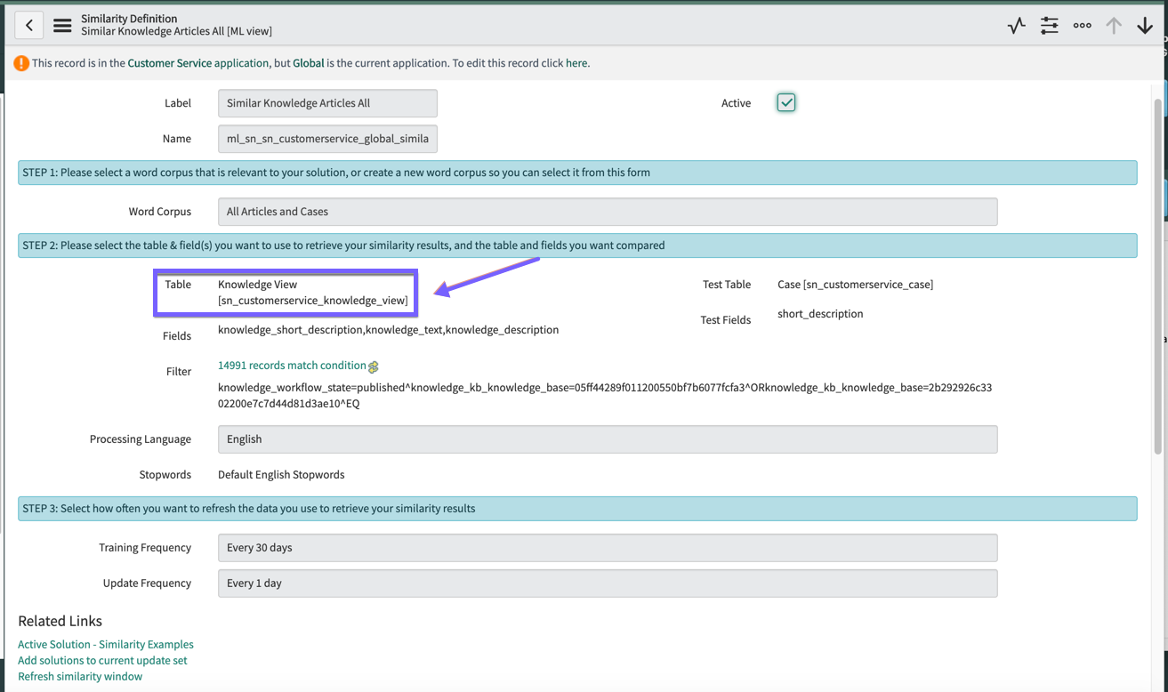 Your database view configured to your similarity solution