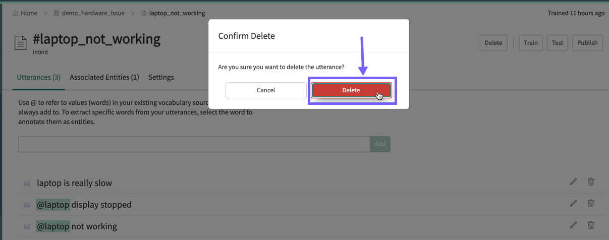 A confirmation screen so users can confirm their decision to delete the utterance