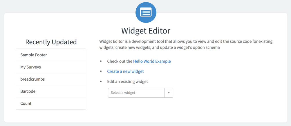 Página principal do Editor de widgets em que o widget Painel de edição de widgets é usado