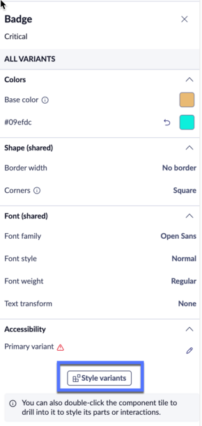 Painel de estilos configuráveis com o botão Variantes de estilo realçado.