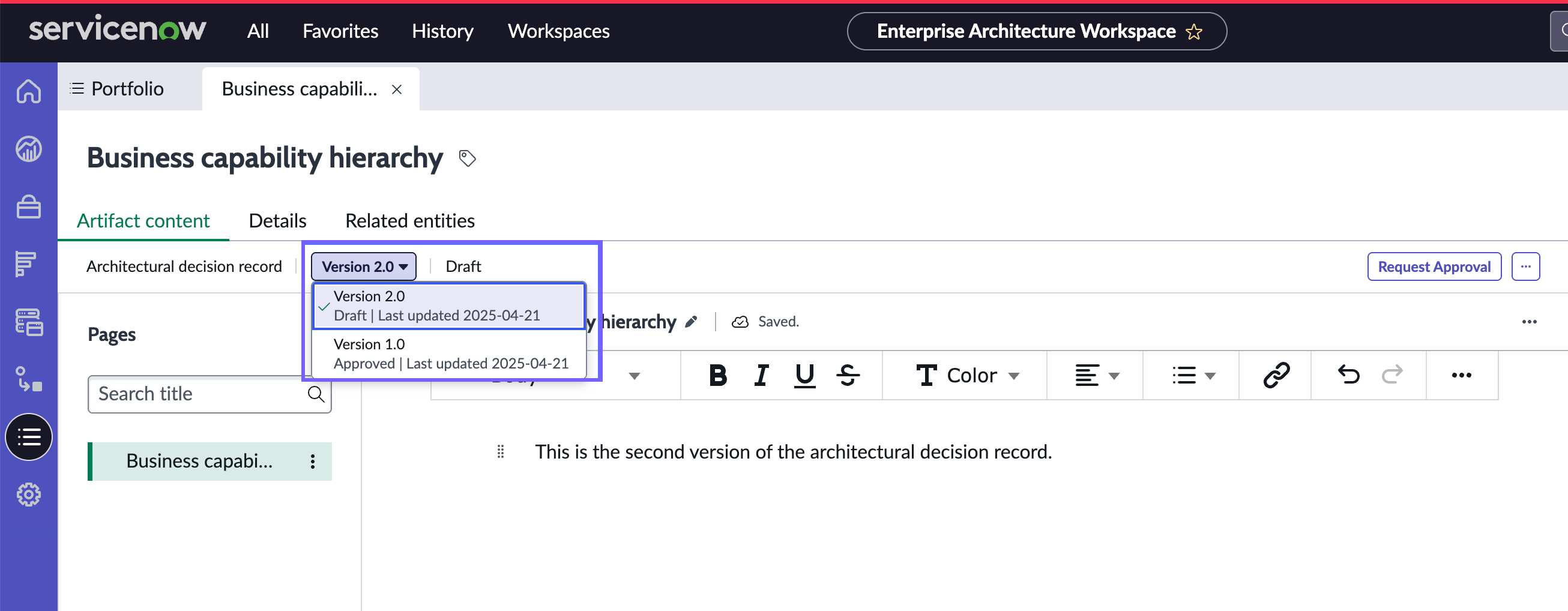 Page de contenu d’artefact ADR avec la liste déroulante de la version en surbrillance