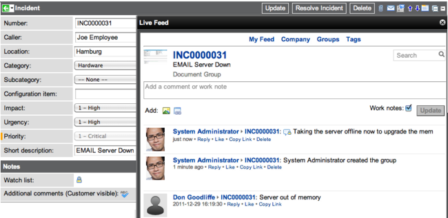 Um incidente mostrado na interface do Feed de atividades.