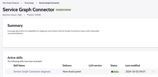 Seção de habilidades ativas que exibe isso Conector do Service Graphdiagnóstico A habilidade está ativada na coluna Status.