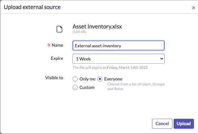 Die Datei „Asset Inventory.xslt“ wird als neue Berichtsquelle „externer Asset-Bestand“ importiert.