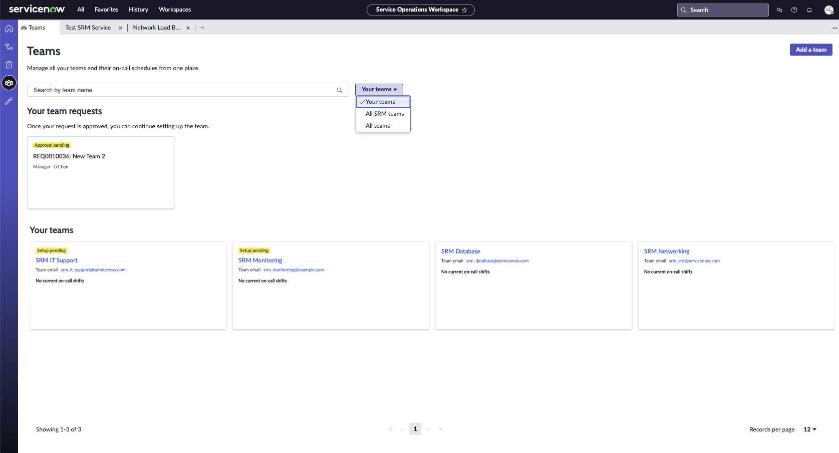 The Teams page showing teams and team requests