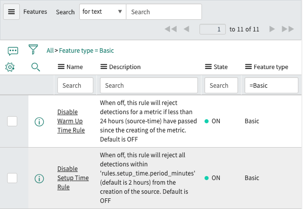 Features list of Log Analytics feature descriptions and settings.