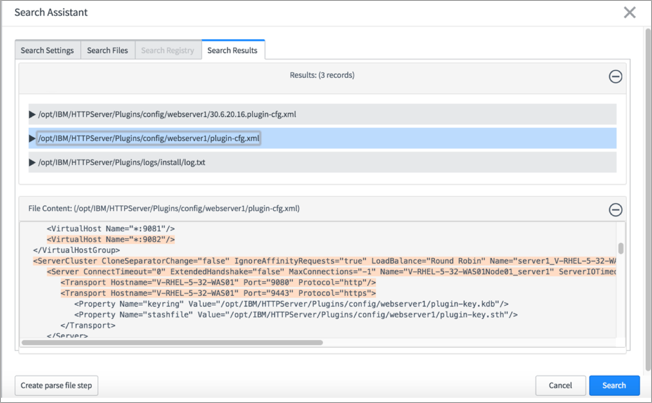 Search Result tab showing data found in files.