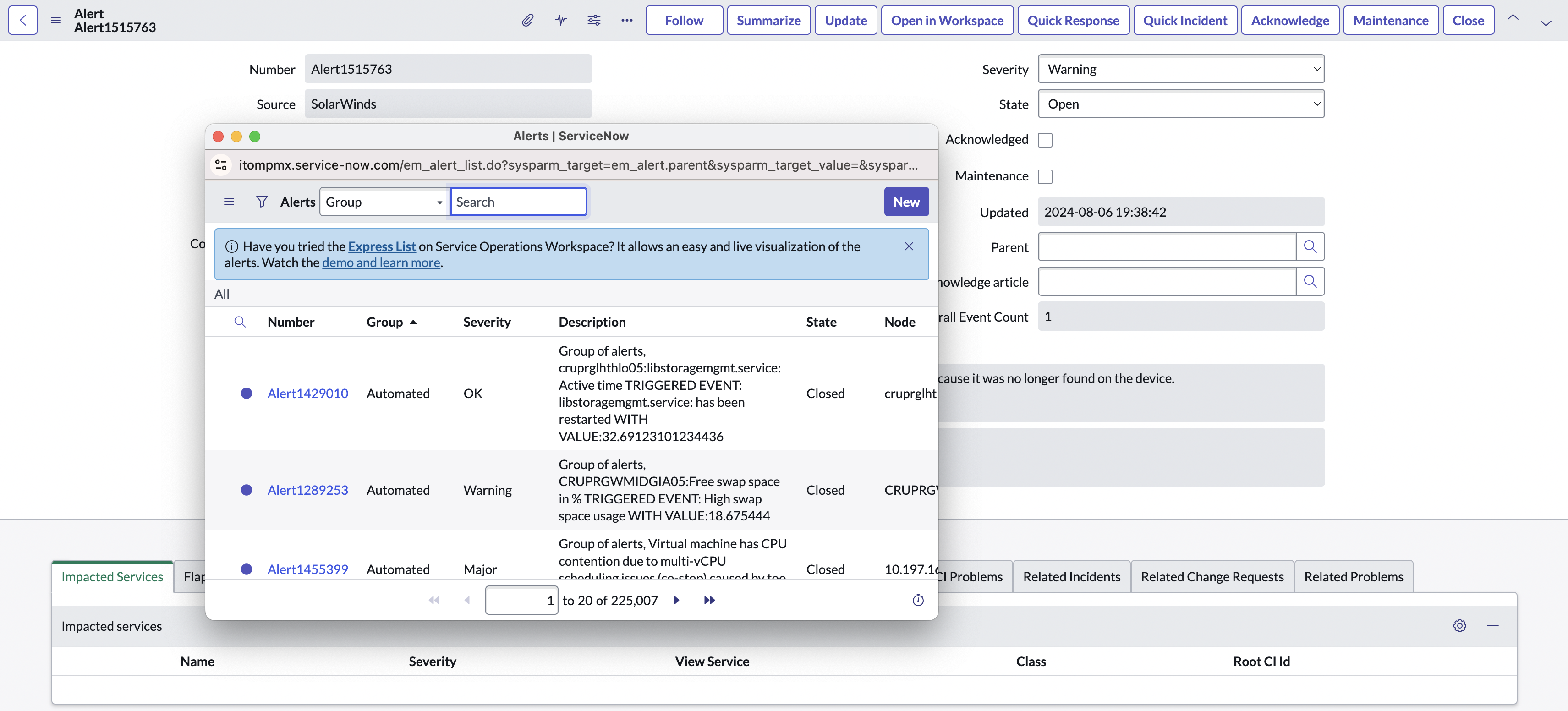 Window from which you can choose a primary alert to add the current alert as a secondary alert.