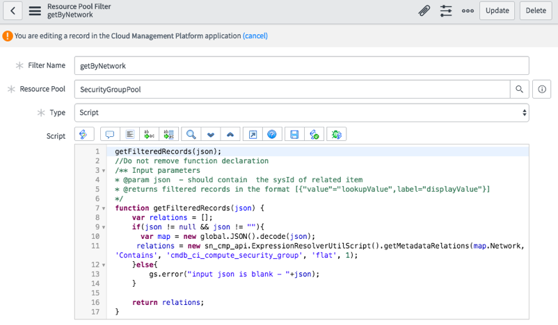 Resource Pool for security group filter