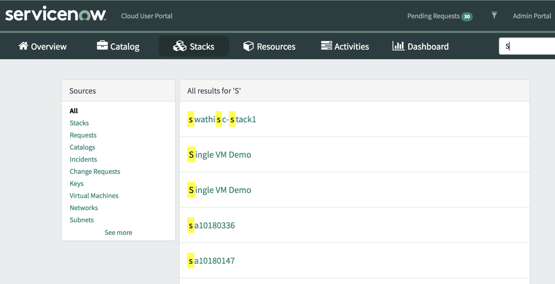 Search results in the Cloud User Portal