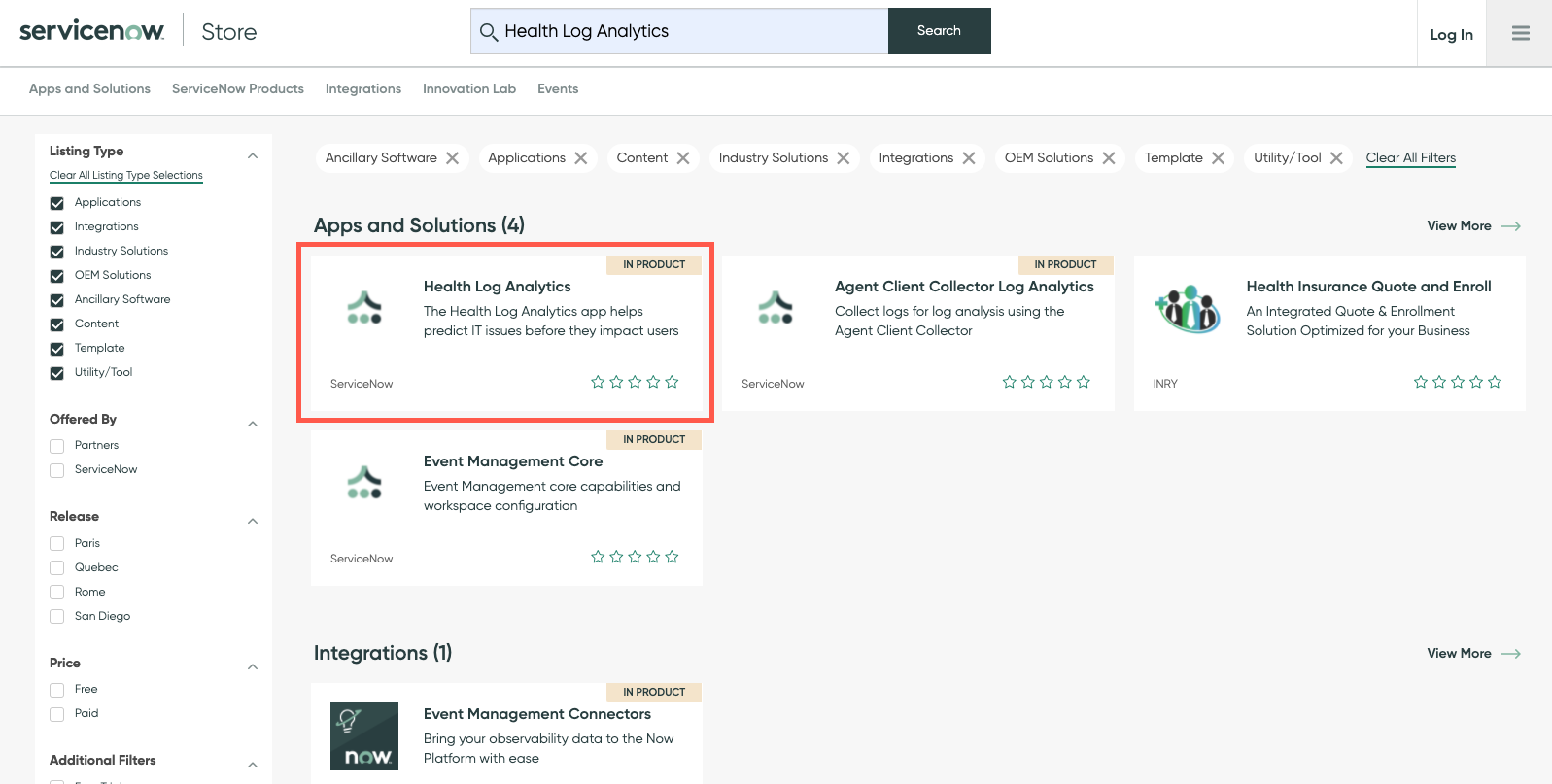 The Health Log Analytics app in the ServiceNow Store.