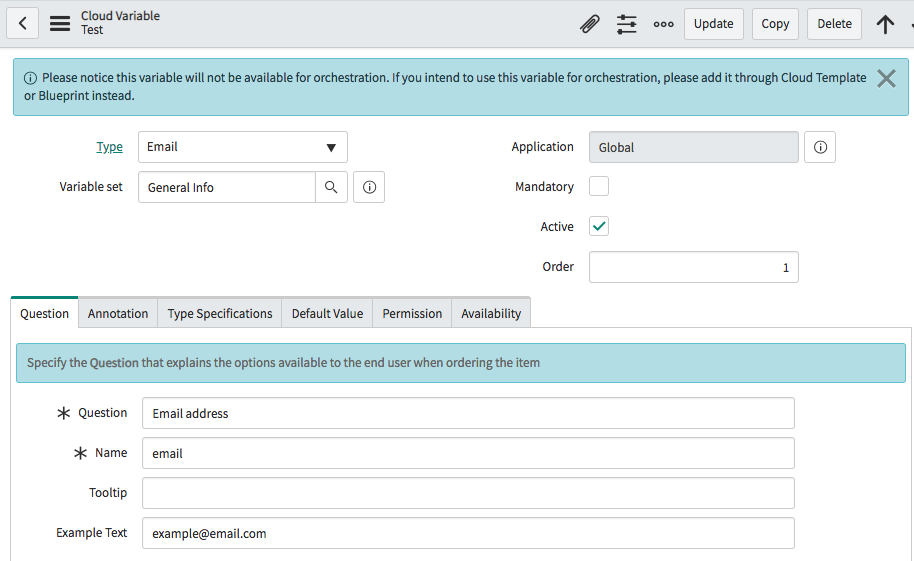 Example email variable