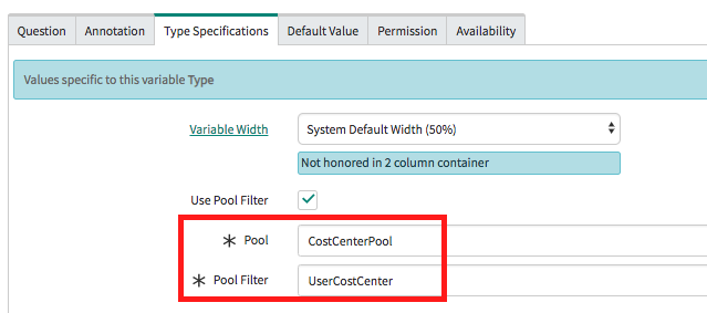 Resource pool and filter used in the datasource value of the cost center catalog property