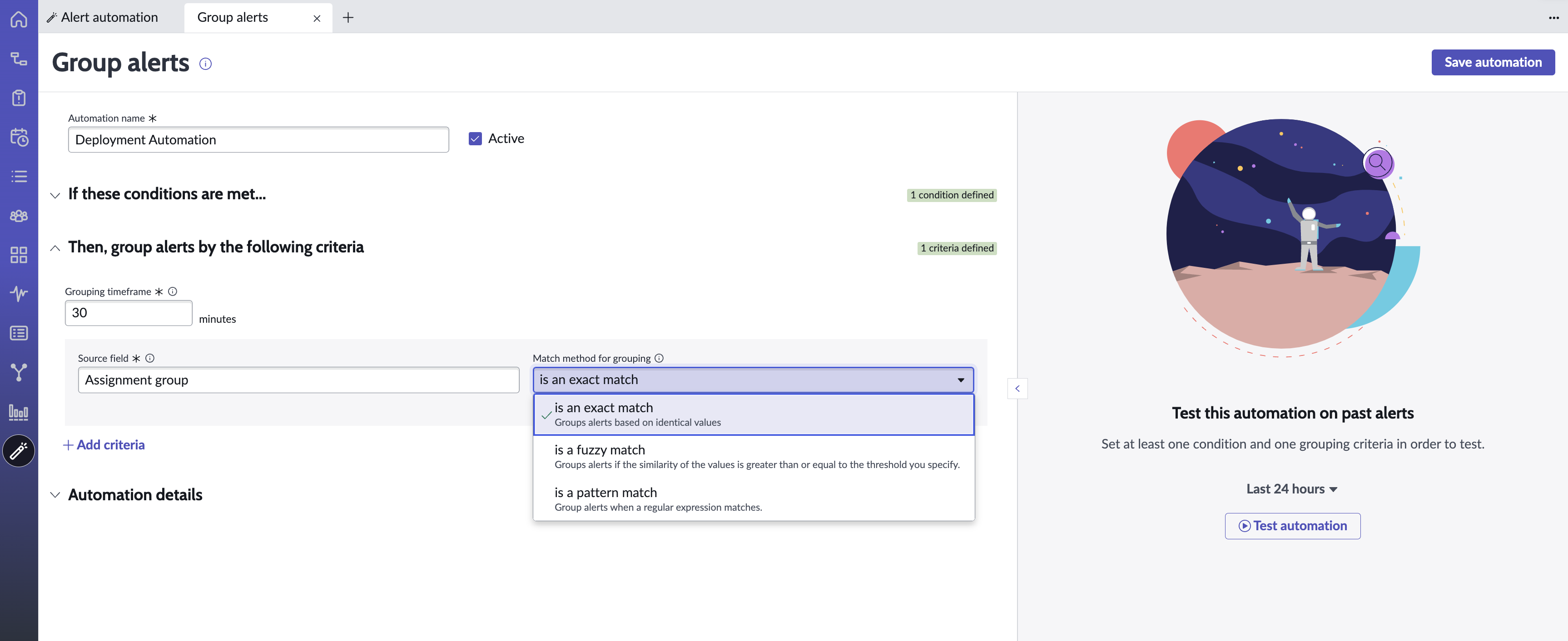 Alert grouping criteria