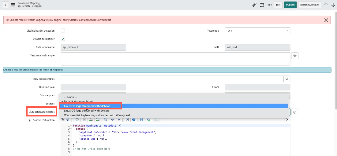 Content pack mapping script listed as JavaScript functions template option.