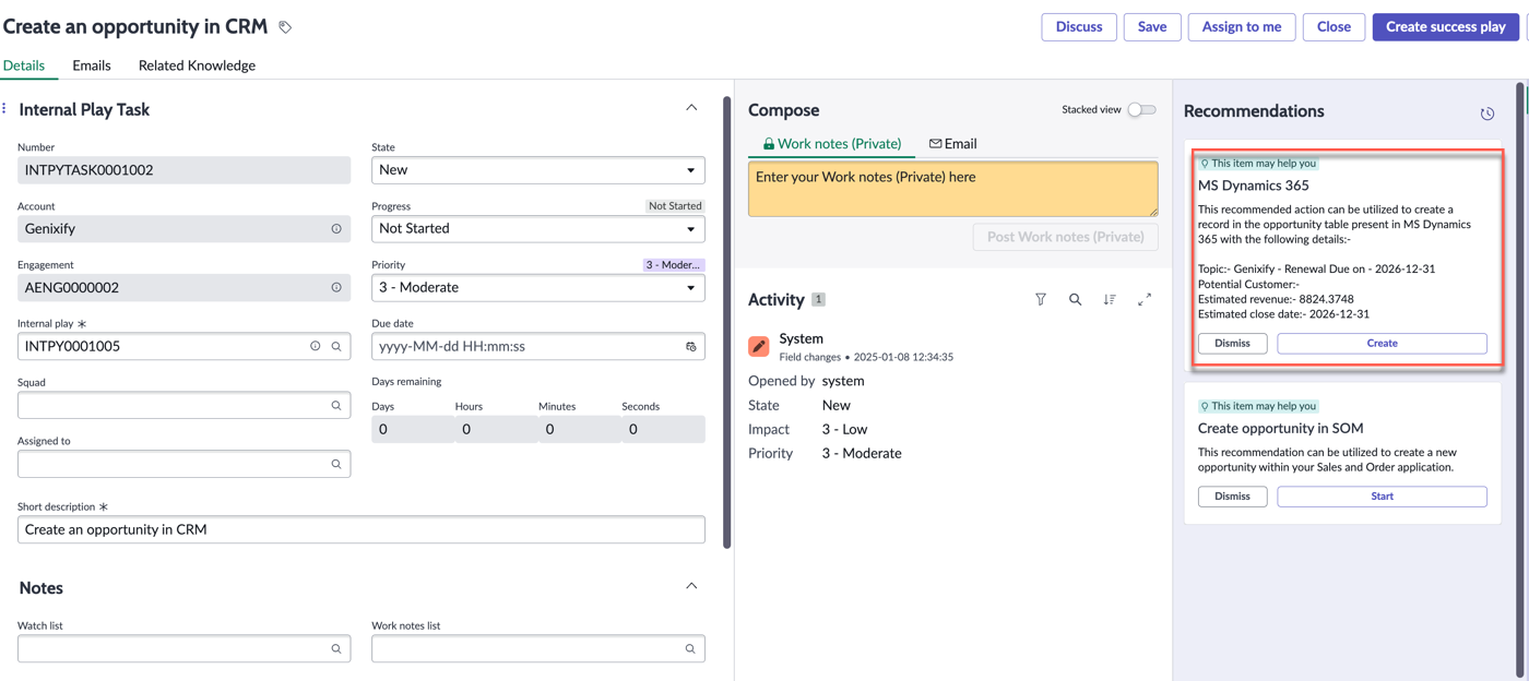 Ação recomendada do MS Dynamics CRM