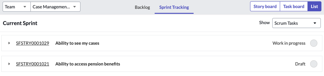 Lista de acompanhamento de sprint