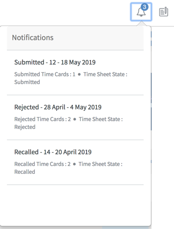 Mostrar notificações exibe a lista de planilhas de horas enviadas, rejeitadas e canceladas no Portal de planilha de horas.