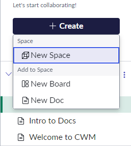 Opção Criar espaço no espaço da CWM.