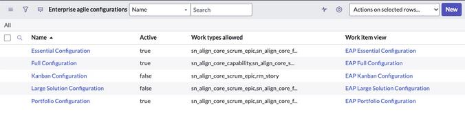 Lista de configurações do Enterprise Agile.