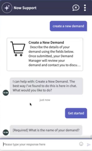 Instrução básica para criar uma demanda usando o bate-papo do Virtual Agent na Central do funcionário.