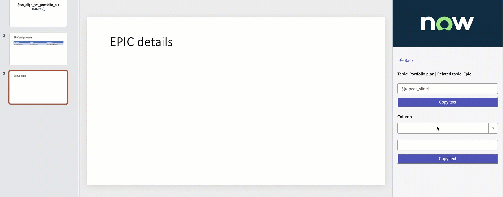GIF mostrando a seleção de token do repetidor ao criar o modelo do PowerPoint.