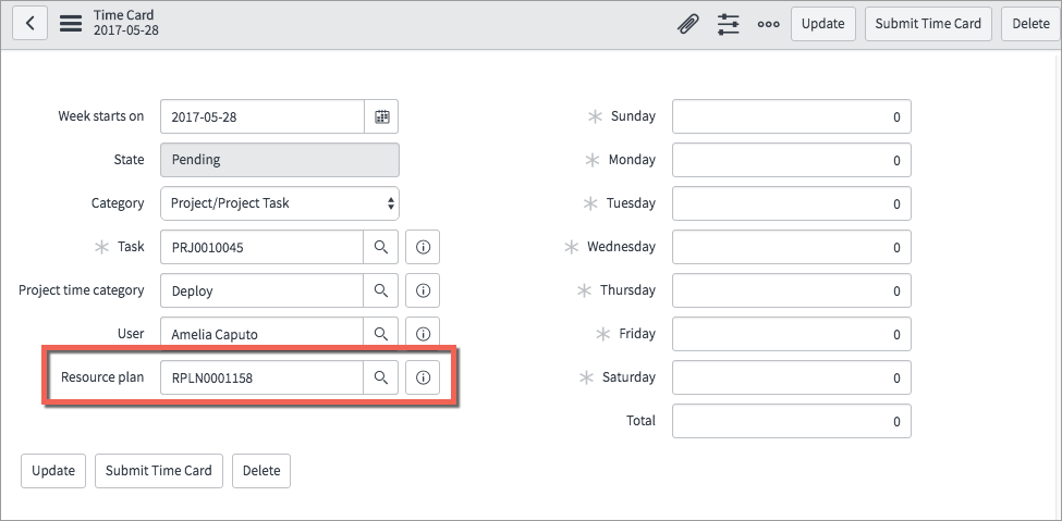 Captura de tela de um registro de horas configurado com o plano de recursos