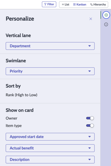Personalize o painel lateral da exibição Planejamento estratégico Kanban na página Priorização mostrando as opções de coluna.