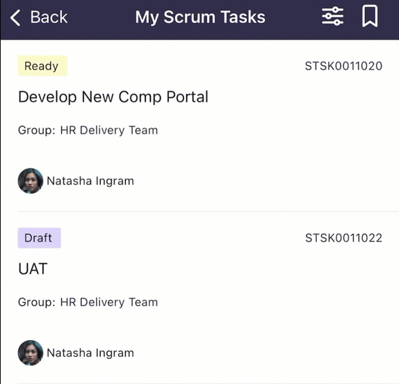 Deslize Menos de na tarefa de scrum para opções