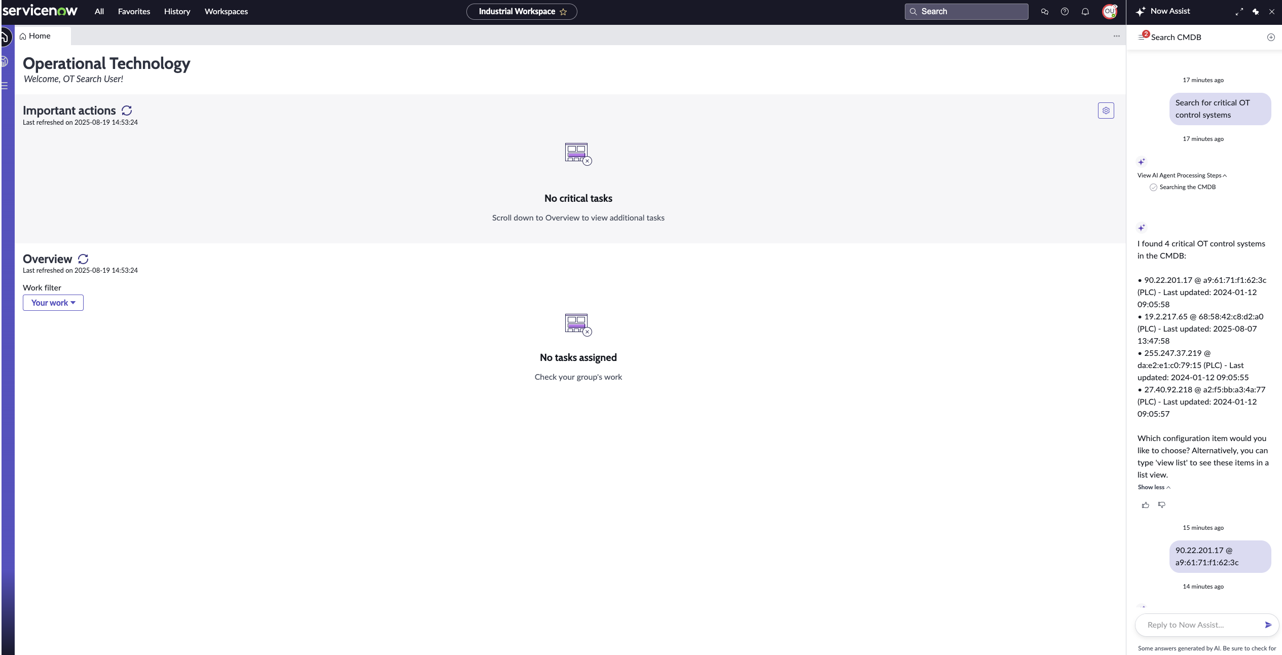 Conversation in the Now Assist panel to view the specified OT control system in either a form or unified map.