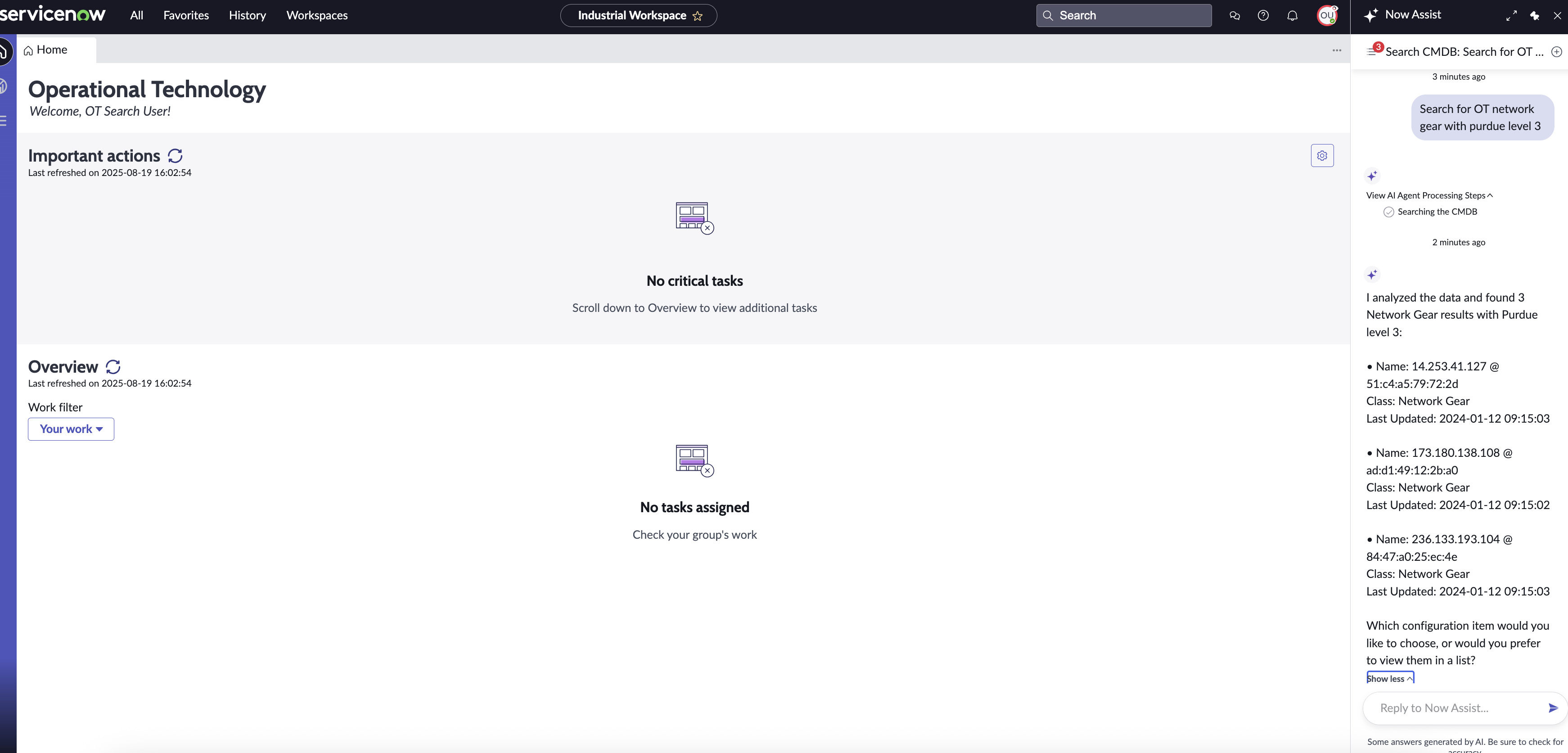 Initiating the conversation in the Now Assist panel to search for OT network gear with a Purdue Level of 3