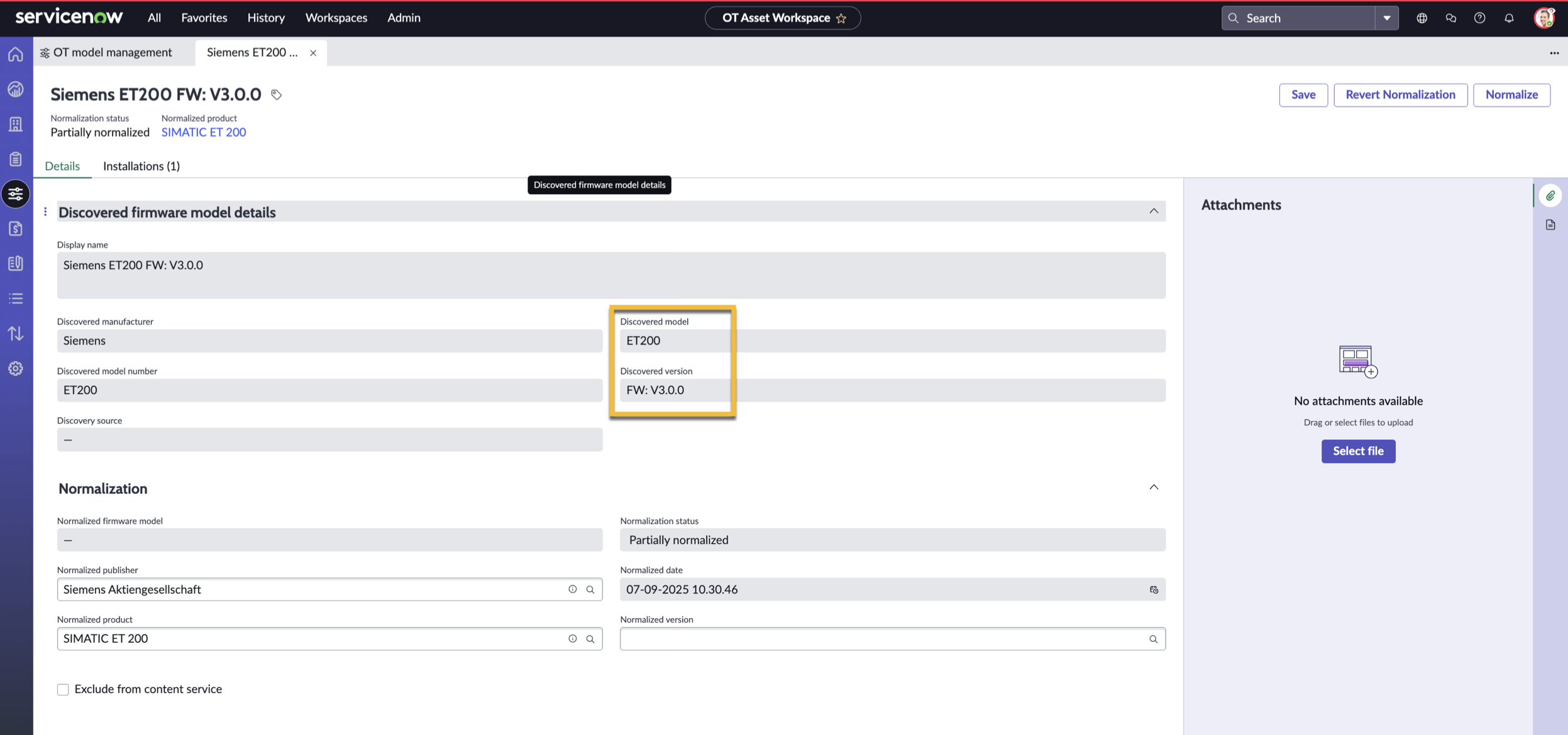 Screenshot displaying the device discovery model information available in the OT device, named OT_device_demo_internal_963.